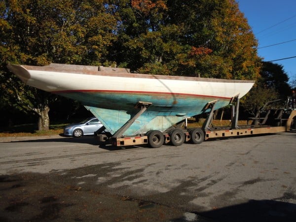 Fishers Island 31 WIZARD being towed in for restoration