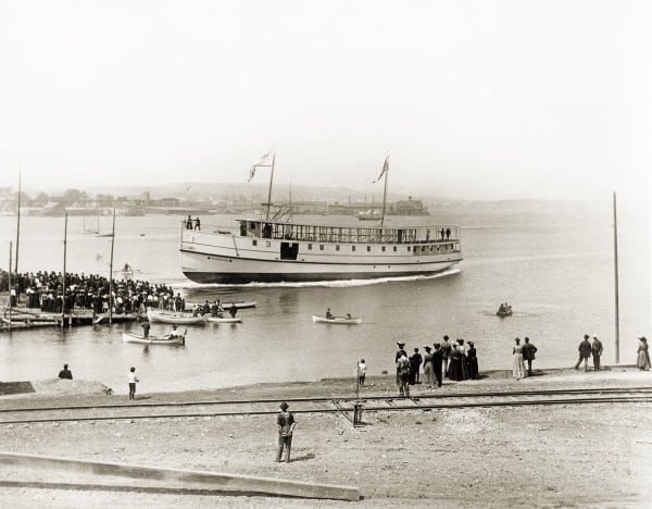 the steamer MONHEGAN splashes down the ways from Rockland’s Cobb-Butler Shipyard, May 30th, 1903. LB2013.21.360