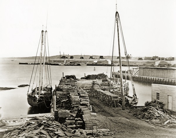 in the 1870s & 1880s, timber wharves lined the Rockland, ME waterfront. LB2013.21.368