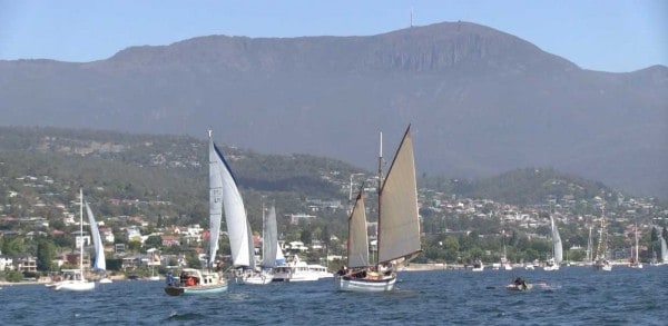 Boats arriving for the festival, sailing into Hobart, Tasmania.