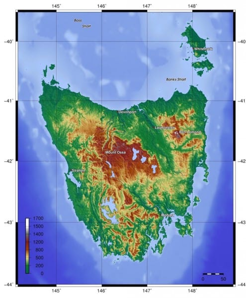 Topographical map of Tasmania.