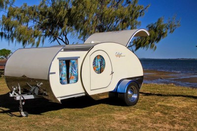 A Gidget Teardrop Trailer Extending by the beach.
