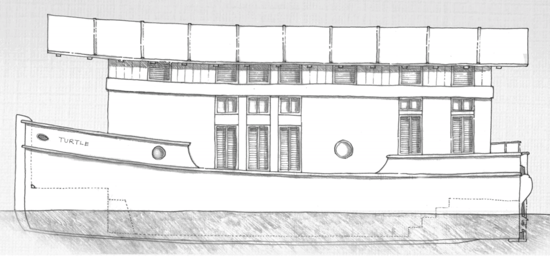 Patrick Beck's houseboat design TURTLE, grand prize winner in Off Center Harbor's Houseboat Design Contest 