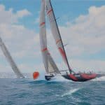 Steven Dews' Alinghi Racing Team shows a monohull racing sailboat rounding a mark