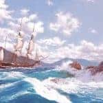 Steven Dews' HMS Beagle shows a tallship sailing by shore