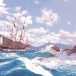 Steven Dews' HMS Beagle shows a tallship sailing by shore