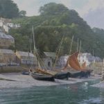 Steven Dews' painting, Polperro, Cornwall, shows fishing sailboats on the beach
