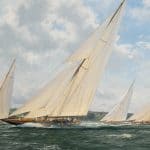 Steven Dews' painting, the sea sails regatta, shows sailboats racing